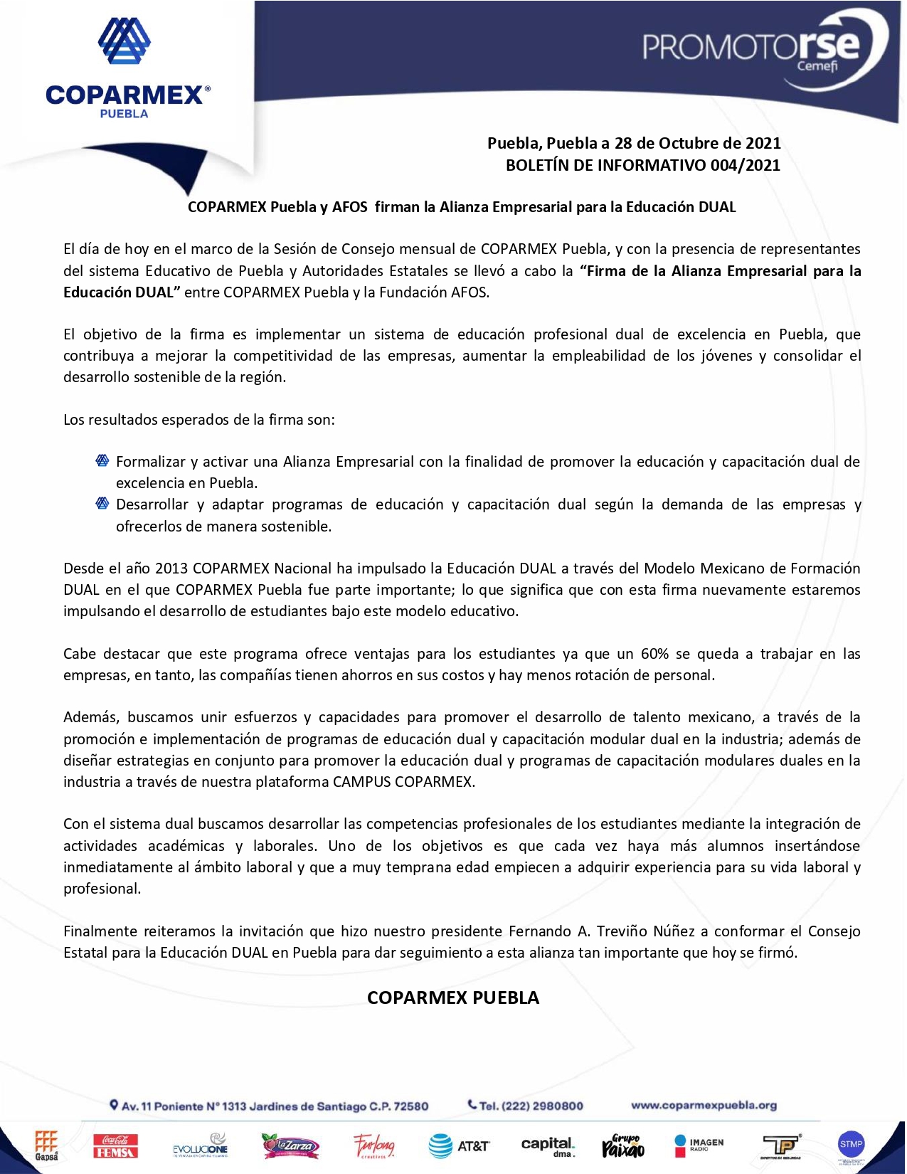 COPARMEX Puebla y AFOS firman la Alianza Empresarial para la Educación DUAL