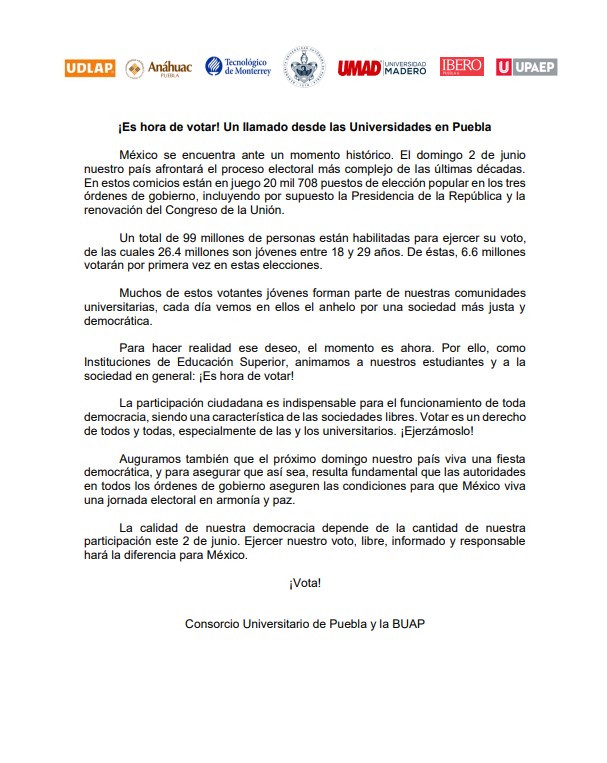 Comunicado ¡Es hora de votar! Un llamado desde las Universidades en Puebla