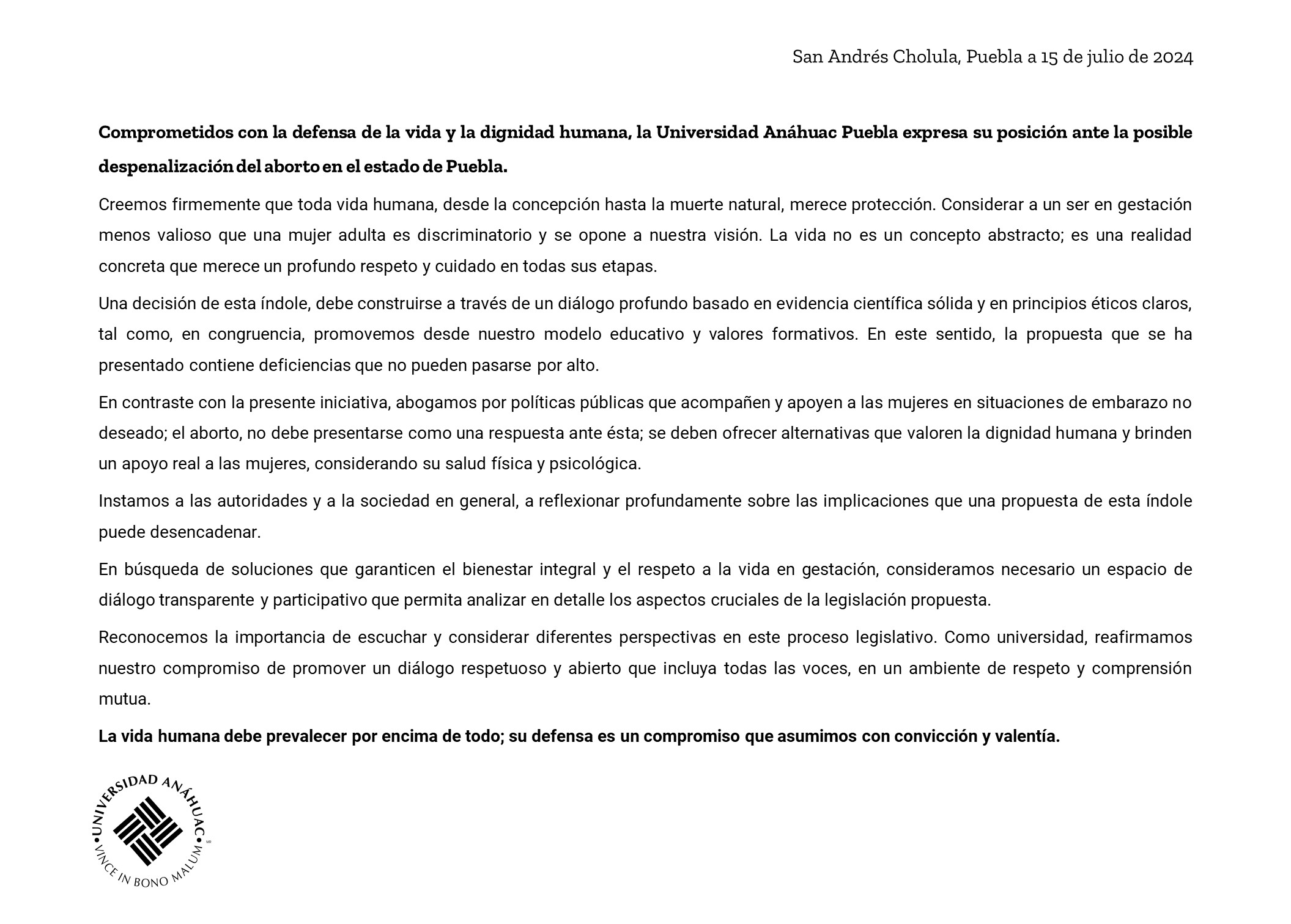 Comunicado Anáhuac Puebla