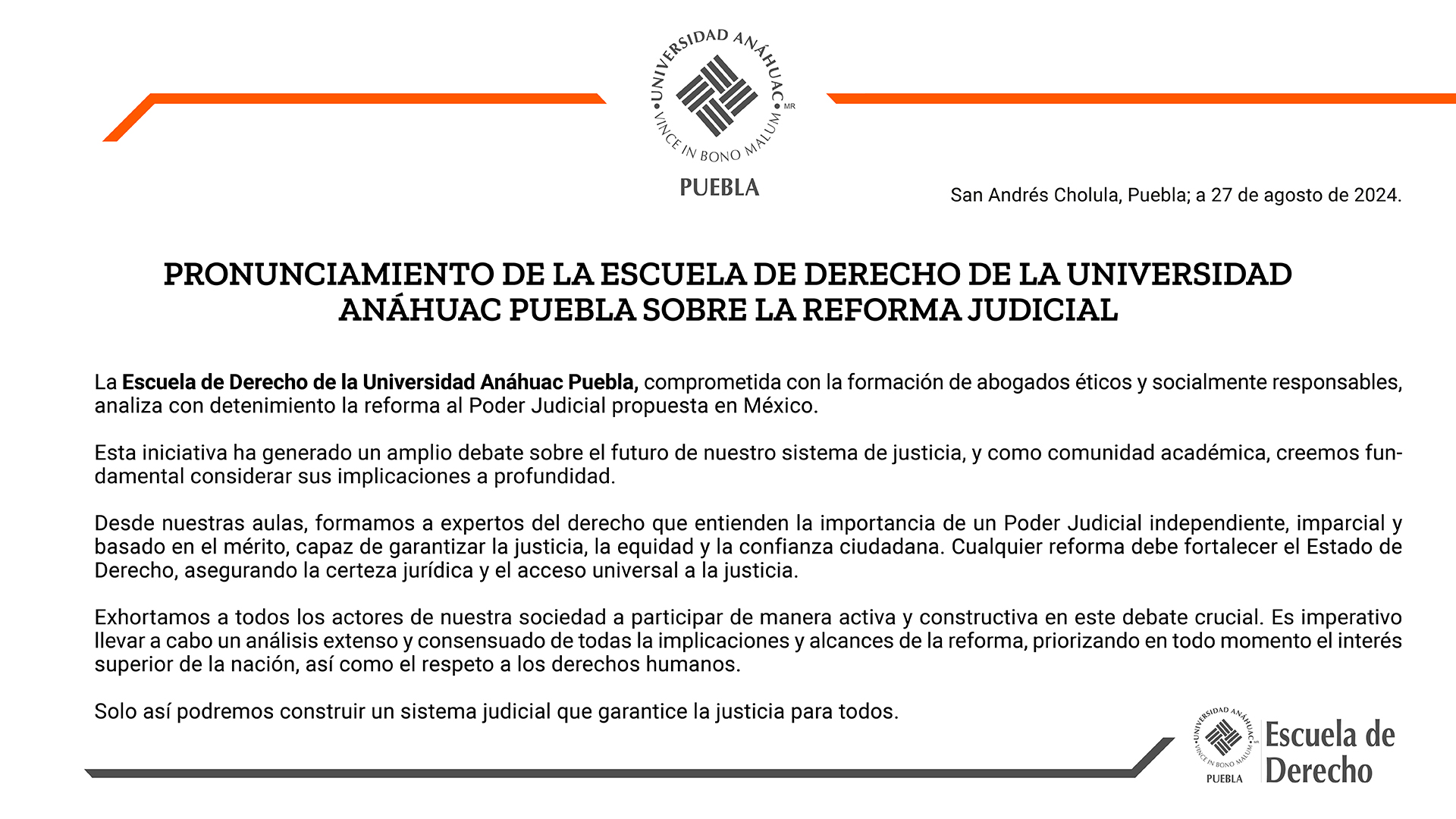 Pronunciamiento de la Universidad Anáhuac Puebla respecto a la Reforma Judicial