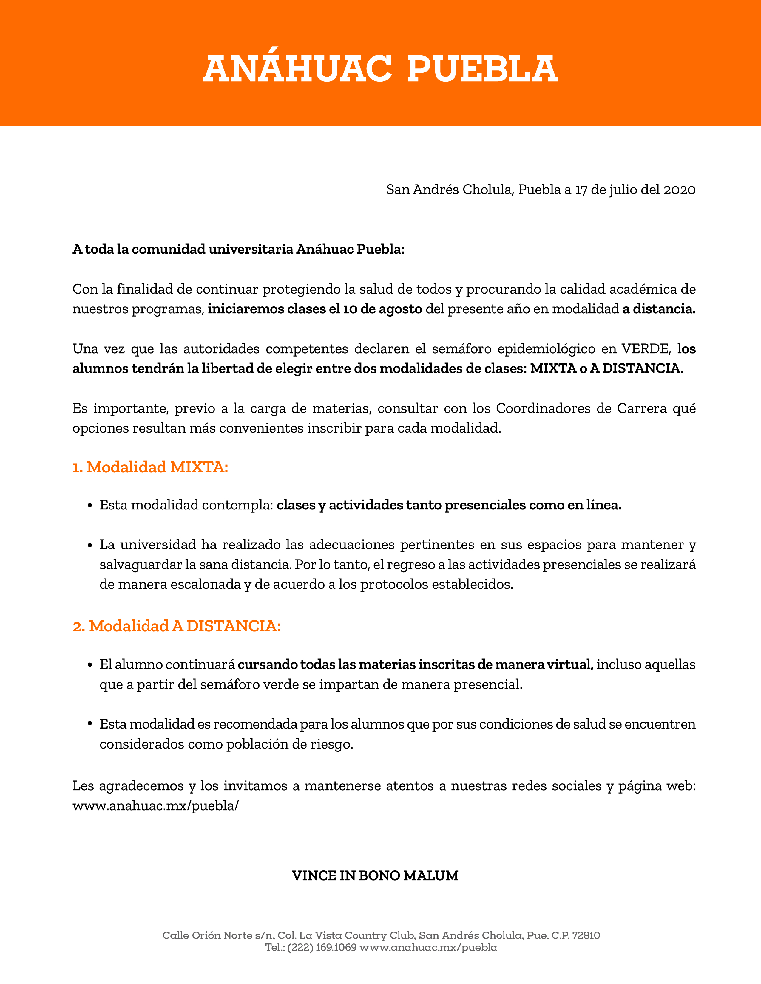 Comunicado regreso a clases agosto 2021