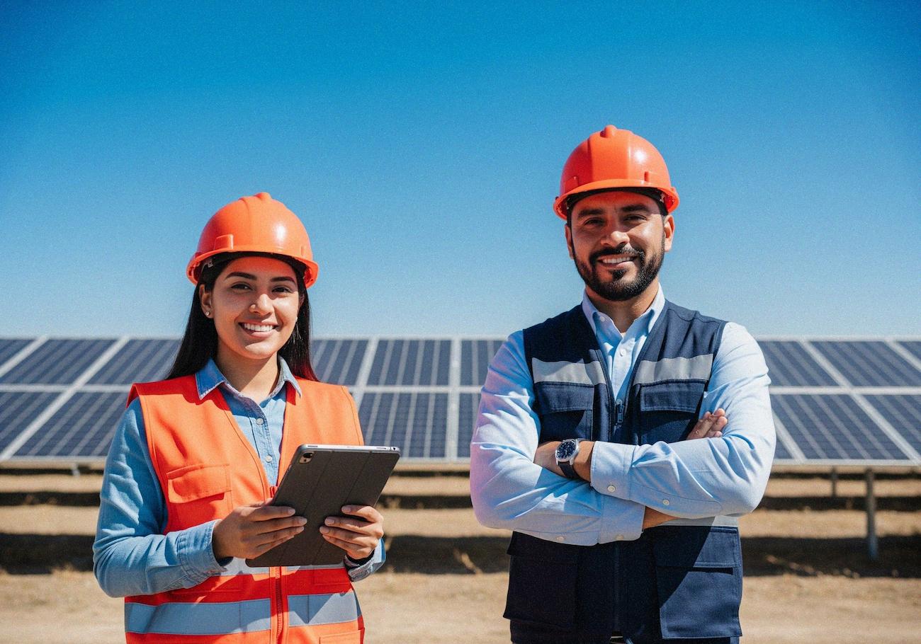 Dos estudiantes con casco azul, overol claro y audífonos protectores manipulan el panel de control de una máquina CNC en un laboratorio de manufactura avanzada.