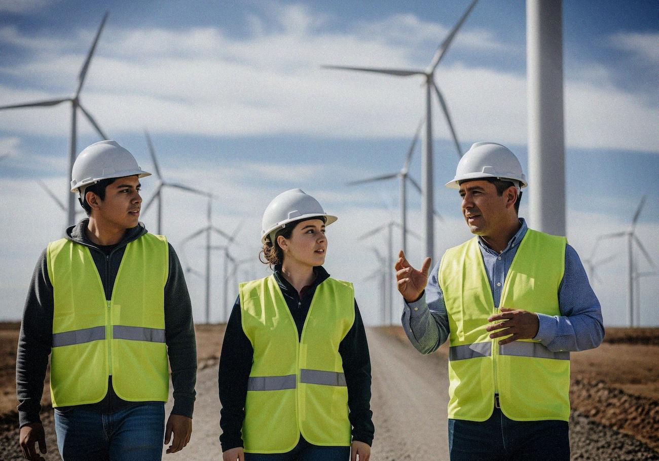 Tres estudiantes con casco naranja realizan pruebas con equipo electrónico conectado a grandes tubos metálicos, dentro de un laboratorio industrial.